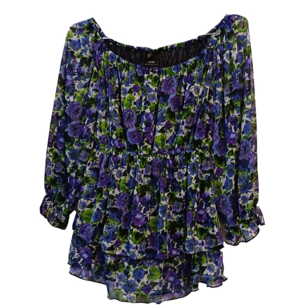 Y2K VINTAGE Ruffled Blouse Top L Floral Purple Green Whimsigoth Cottage Coquette